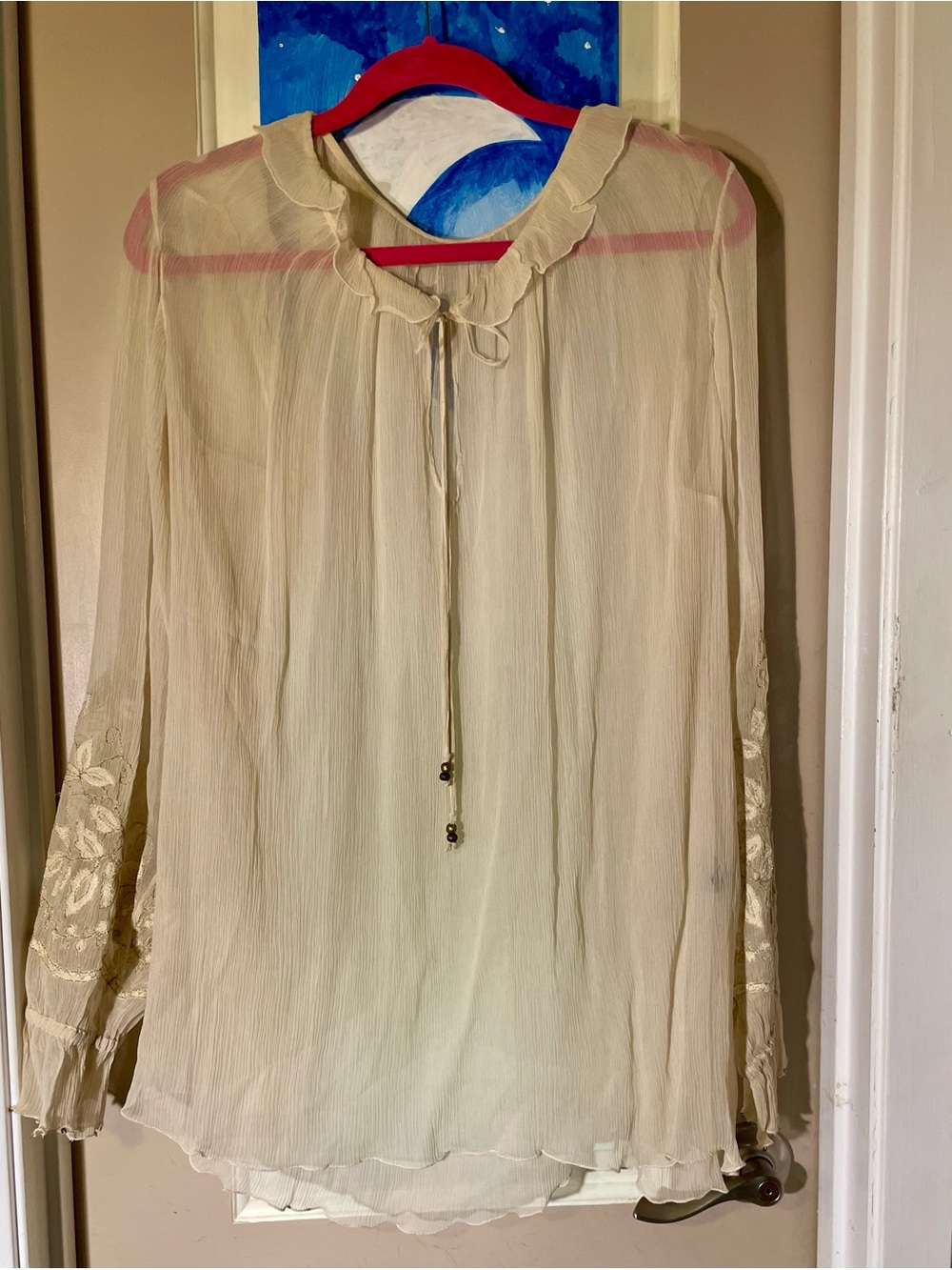 Sheer Silk Cream Long-Sleeve Ruffle Tie-Neck Blouse